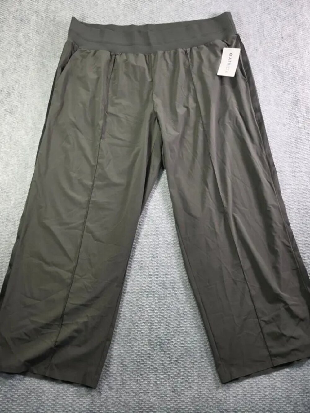 Athleta Nolita Wide Leg Pants Olive Green Tuxedo Satin Stripe Travel - Picture 2 of 14